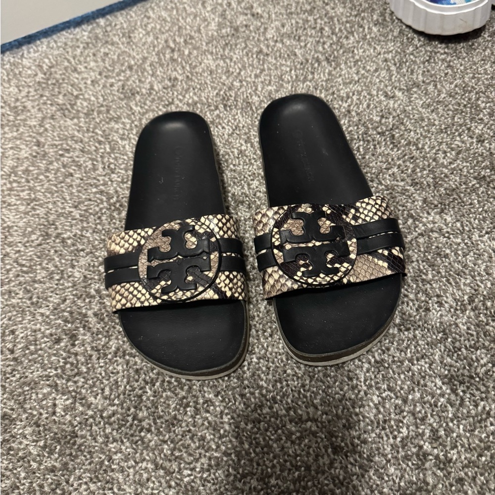 Tory Burch Black and Snake Pattern Slides